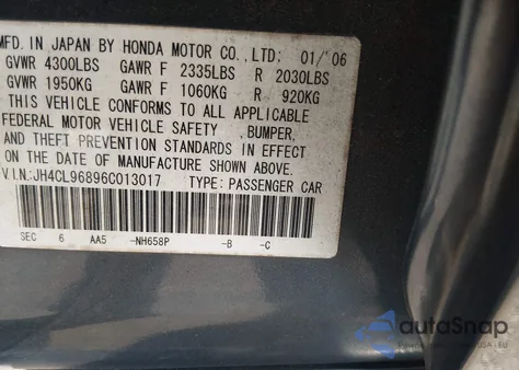 2006 Acura Tsx from USA, damaged, VIN JH4CL96896C013017